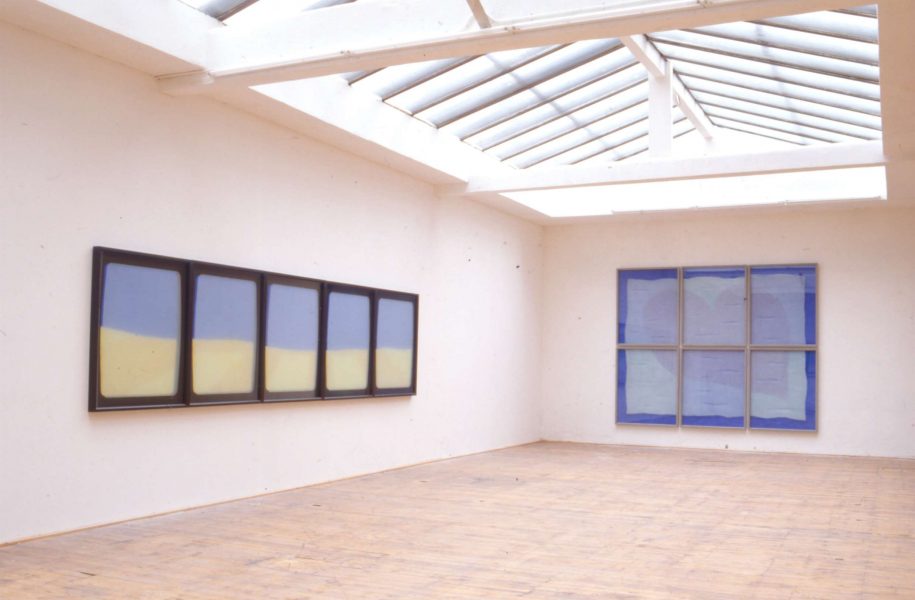 Paintings and glass all works acrylic on canvas sandblasted glass